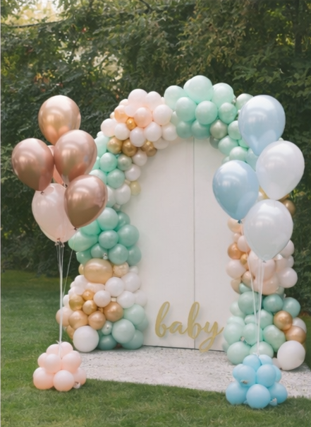 mint, white, gold, light blue balloon arch with a white backdrop and a gold "baby" sign with two balloon bouquets with blush and Champaign balloons and the other bouquet has white and light blue balloons.