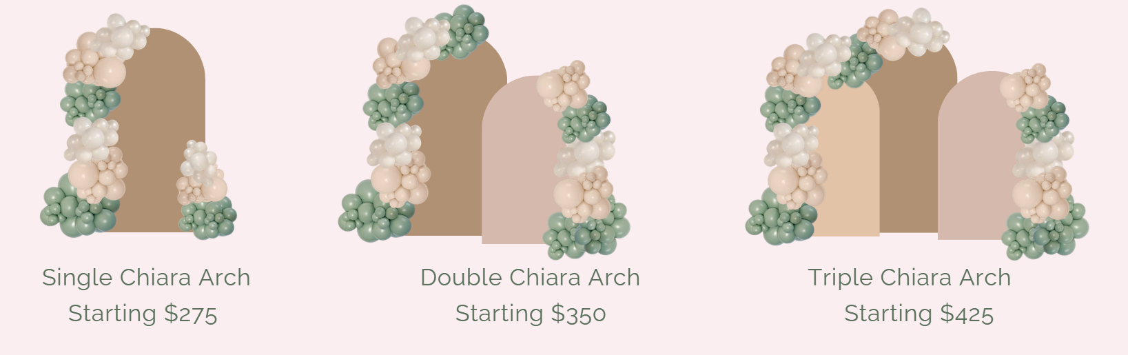 Velvet Curl Events balloon menu showing pricing and options for garlands, backdrops, hoops, balloon walls, helium bouquets, number stacks, and character displays.