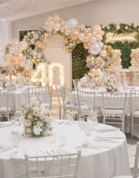 Party venue with white round tables, white chairs around each table, Green backdrops, light up number 40 props with a blush, silver, white and gold balloon garlands.