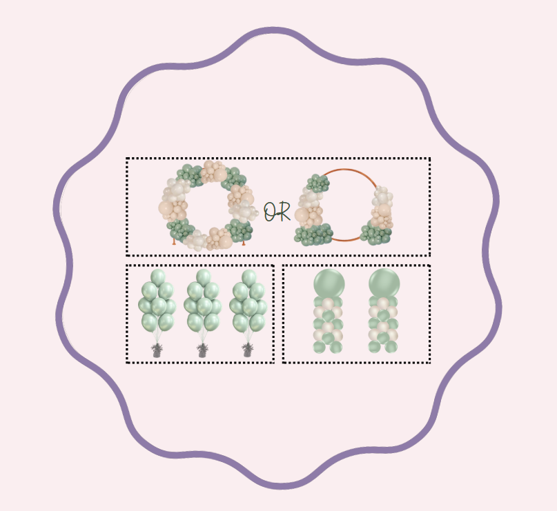 BBalloon hoop with clusters of sage green, cream and white balloons. Balloon hoop with bunches on both sides of hoop. 3 helium balloon bunches. two balloon columns.