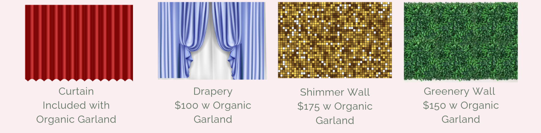 Balloon backdrop options and available color selections for Velvet Curl Events installations.