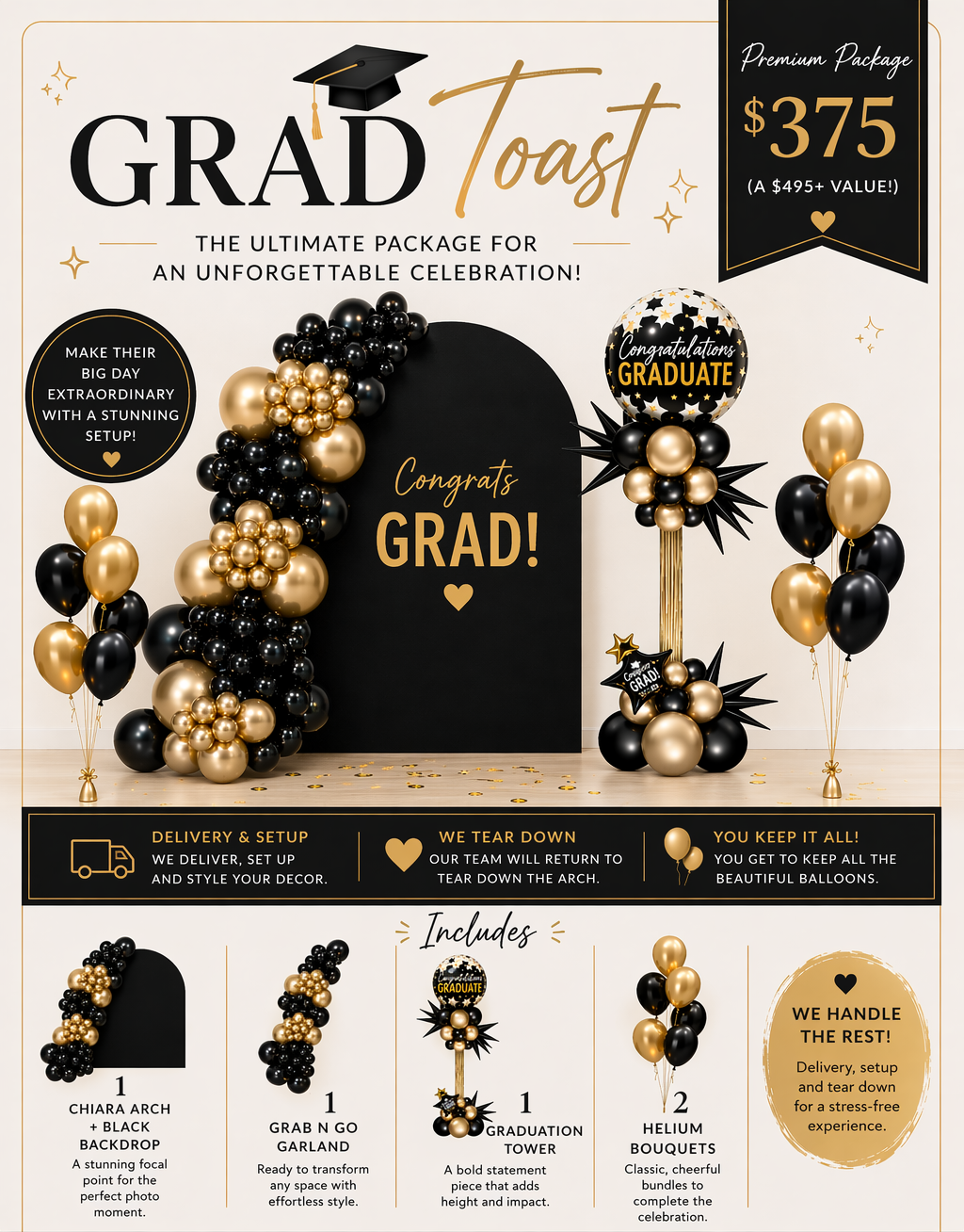 Variety of graduation balloon sets  for a package including a garland, Backdrop, tower, and helium bouquets