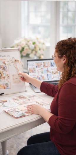 Woman with whiteboard and laptop at desk with color palettes, styling plans, and mood boards.