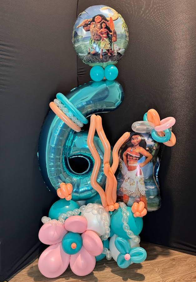 Character Stack with teal and white balloons, teal number 6, Moana balloons, coral and sea shell balloons, and 3D flower balloon