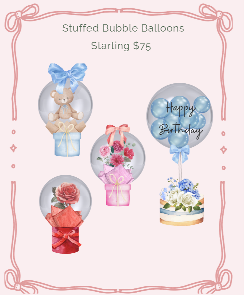 Gift and balloon bouquet options from Velvet Curl Events including stuffed bubble balloons and floral balloon arrangements.