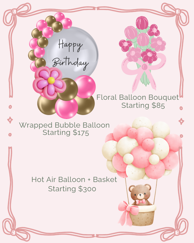 Gift and balloon bouquet options from Velvet Curl Events including stuffed bubble balloons and floral balloon arrangements.