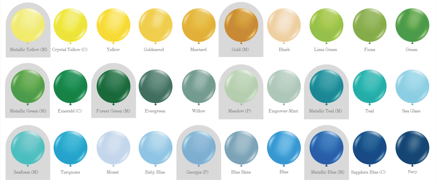 Balloon color palette A showing a full range of pastel, standard, chrome, and neutral balloon colors available for Velvet Curl Events installations.