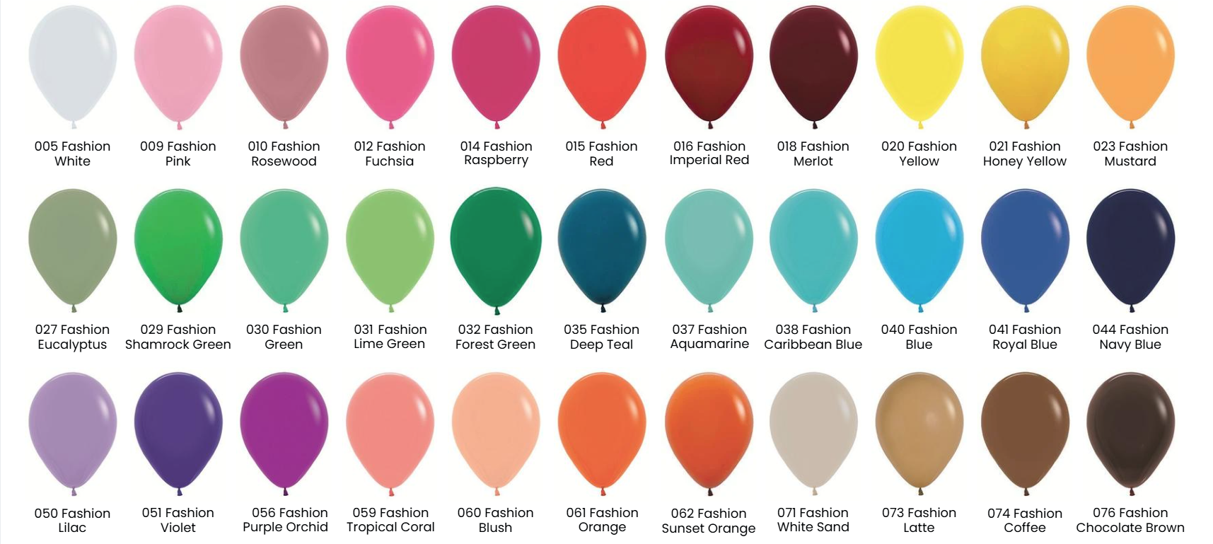 Balloon color palette B featuring fashion tones, neons, metallics, and pearl finishes available for event décor.