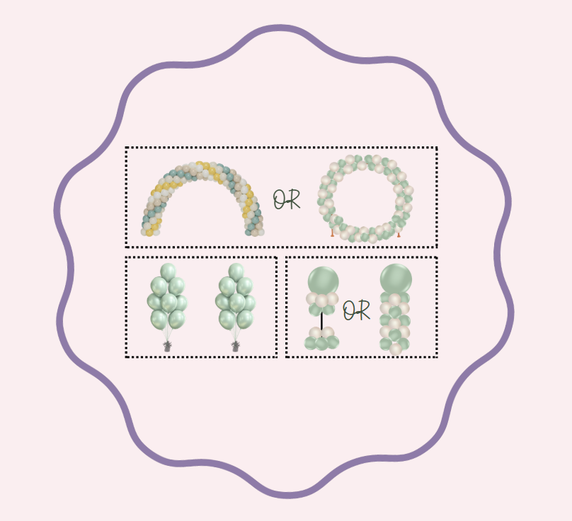 balloon arch with sage green, cream, mustard, and white balloons. Balloon hoop with green and white balloons. Two helium balloon bunches with green balloons. Balloon tower and balloon column with green and white balloons.