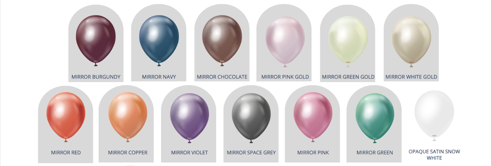 Balloon color palette C including classic, macaron, pearl, mirror chrome, and specialty balloon colors.