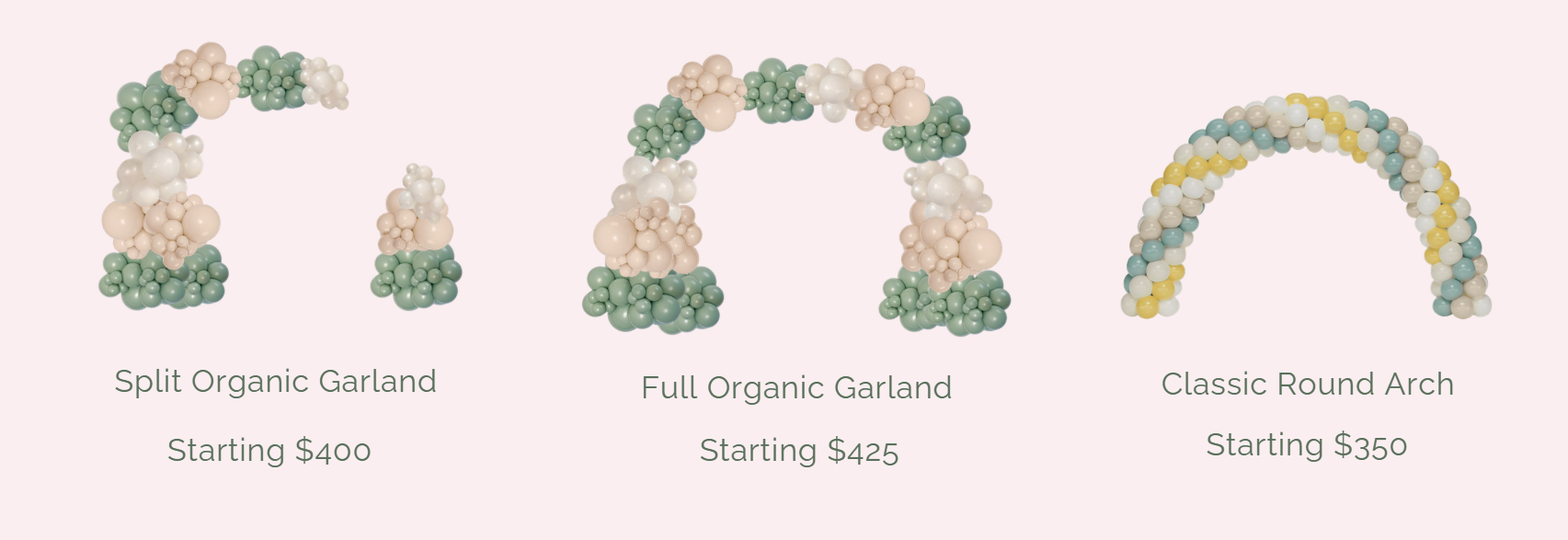 Velvet Curl Events balloon menu showing pricing and options for garlands, backdrops, hoops, balloon walls, helium bouquets, number stacks, and character displays.