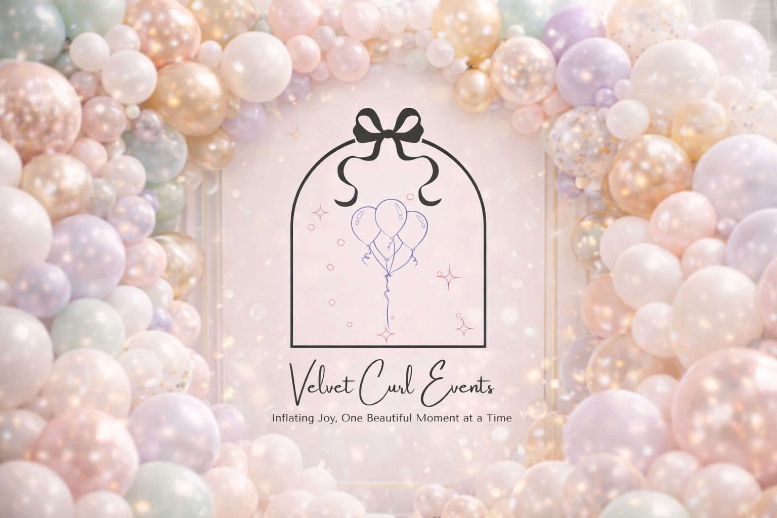 Velvet Curl Events logo displayed within a pastel balloon arch installation. Tagline: ‘Inflating Joy, One Beautiful Moment at a Time.’