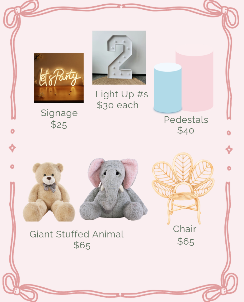 Velvet Curl Events add-ons and rental options including lights, signage, pedestals, florals, and themed décor.