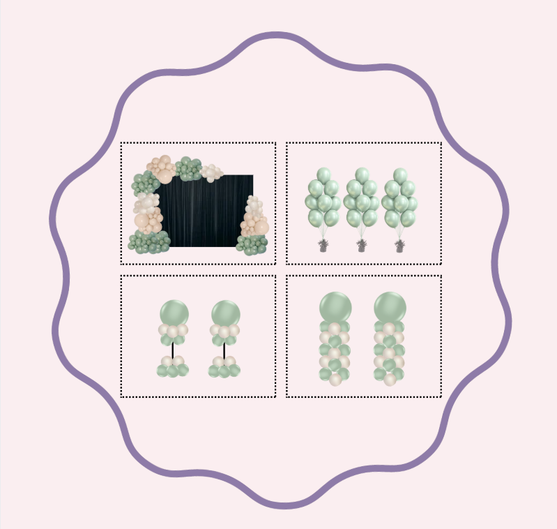 Split organic balloon garland with sage green, cream, and white balloons with a curtain backdrop. 3 balloon bunches. two balloon towers and two columns.