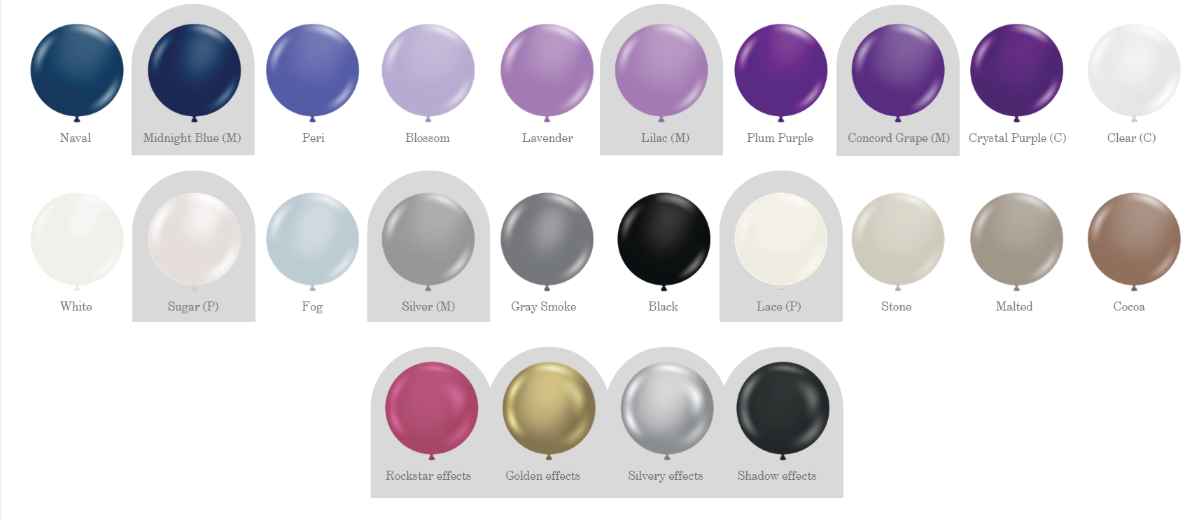 Balloon color palette A showing a full range of pastel, standard, chrome, and neutral balloon colors available for Velvet Curl Events installations.