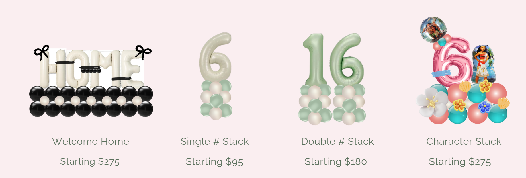 Velvet Curl Events balloon menu showing pricing and options for garlands, backdrops, hoops, balloon walls, helium bouquets, number stacks, and character displays.