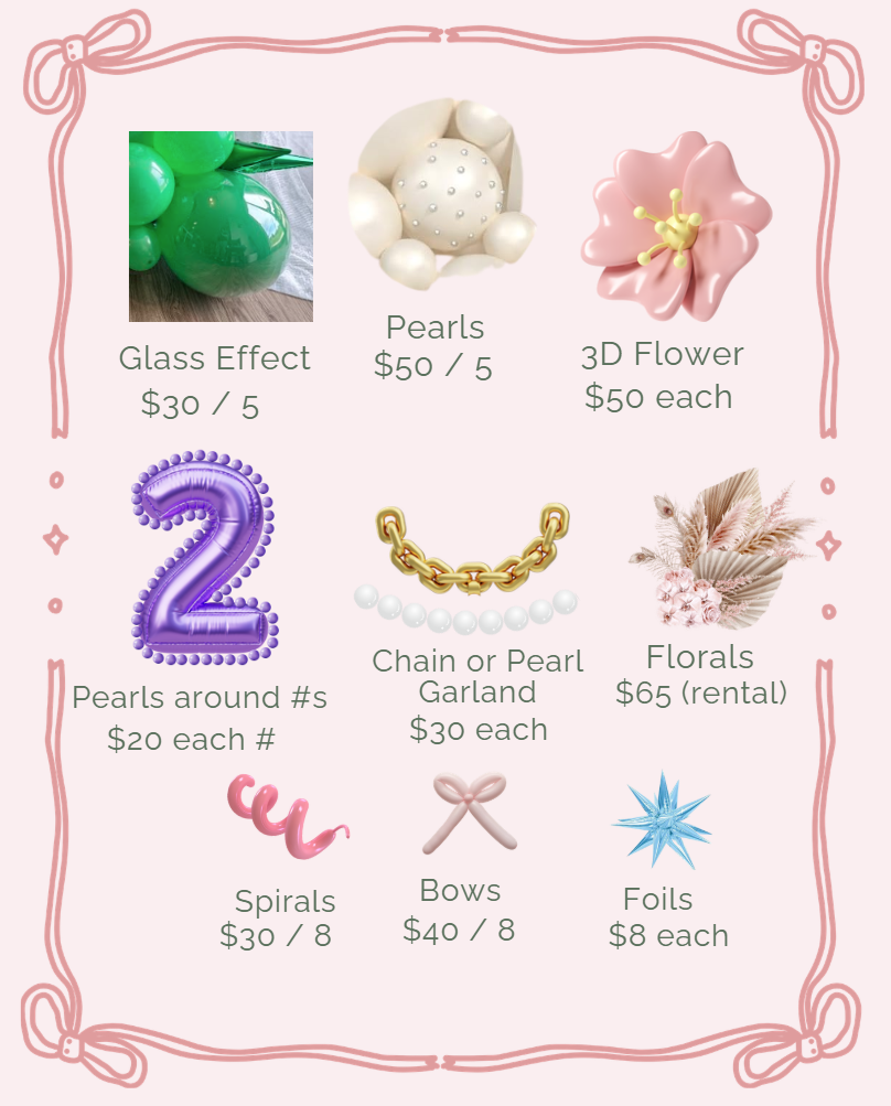 Velvet Curl Events add-ons and rental options including lights, signage, pedestals, florals, and themed décor.