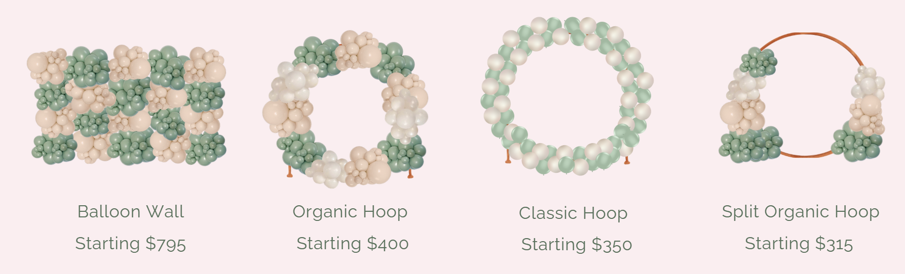 Velvet Curl Events balloon menu showing pricing and options for garlands, backdrops, hoops, balloon walls, helium bouquets, number stacks, and character displays.