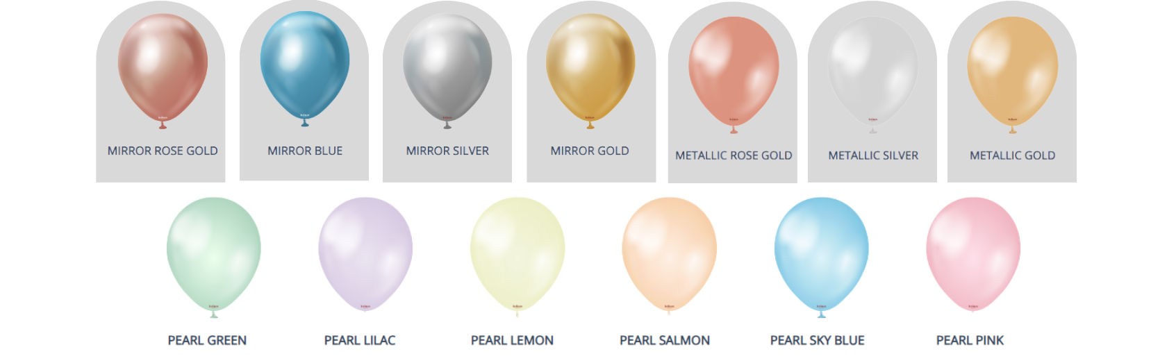 Balloon color palette C including classic, macaron, pearl, mirror chrome, and specialty balloon colors.