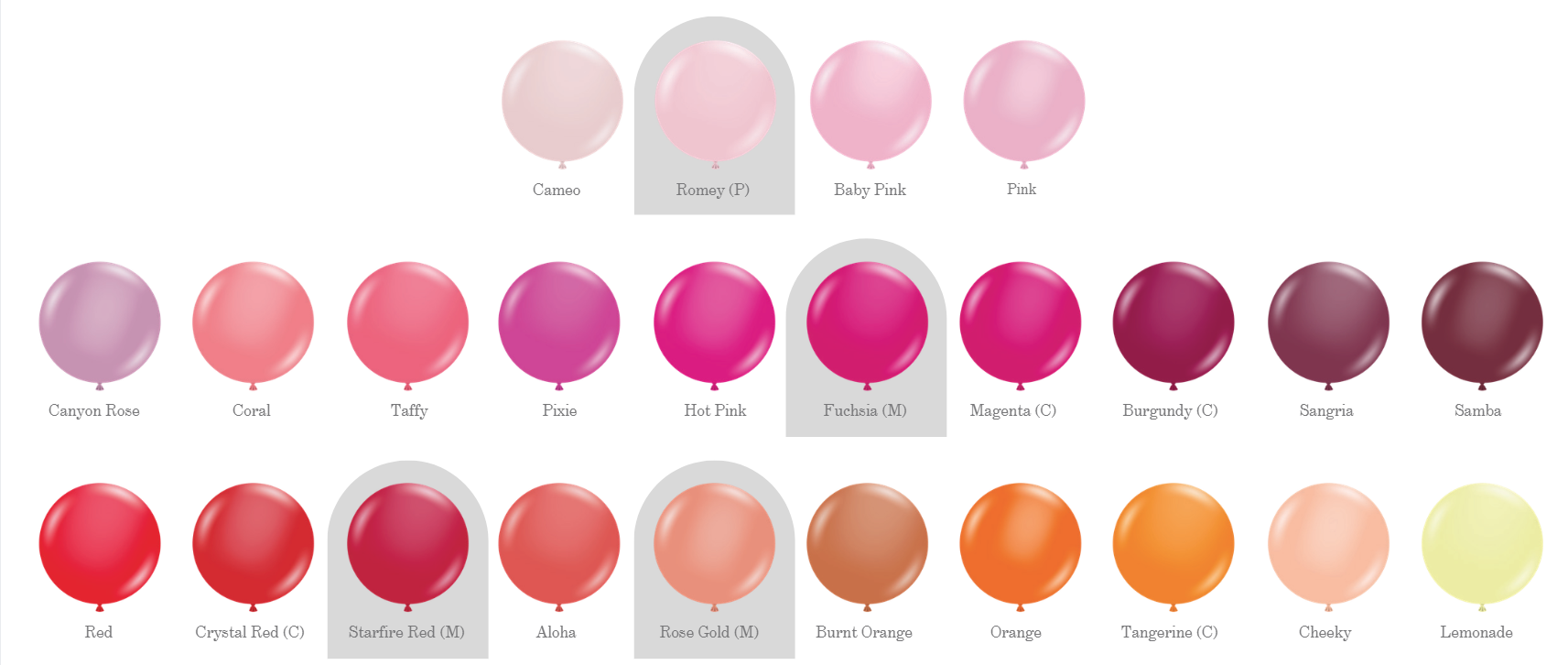 Balloon color palette A showing a full range of pastel, standard, chrome, and neutral balloon colors available for Velvet Curl Events installations.