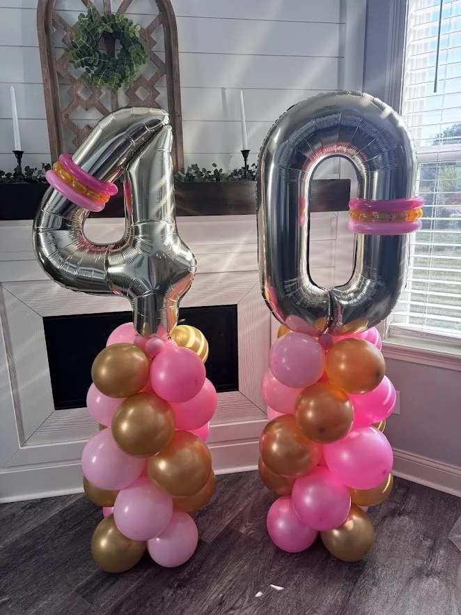 Double Number Balloon stack with soft pink, fuchsia and gold balloons. 