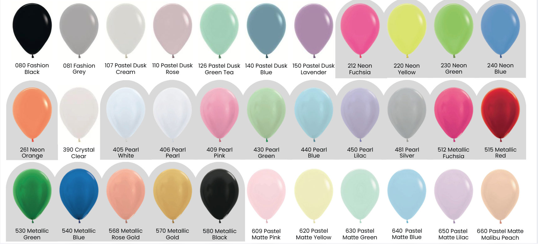 Balloon color palette B featuring fashion tones, neons, metallics, and pearl finishes available for event décor.