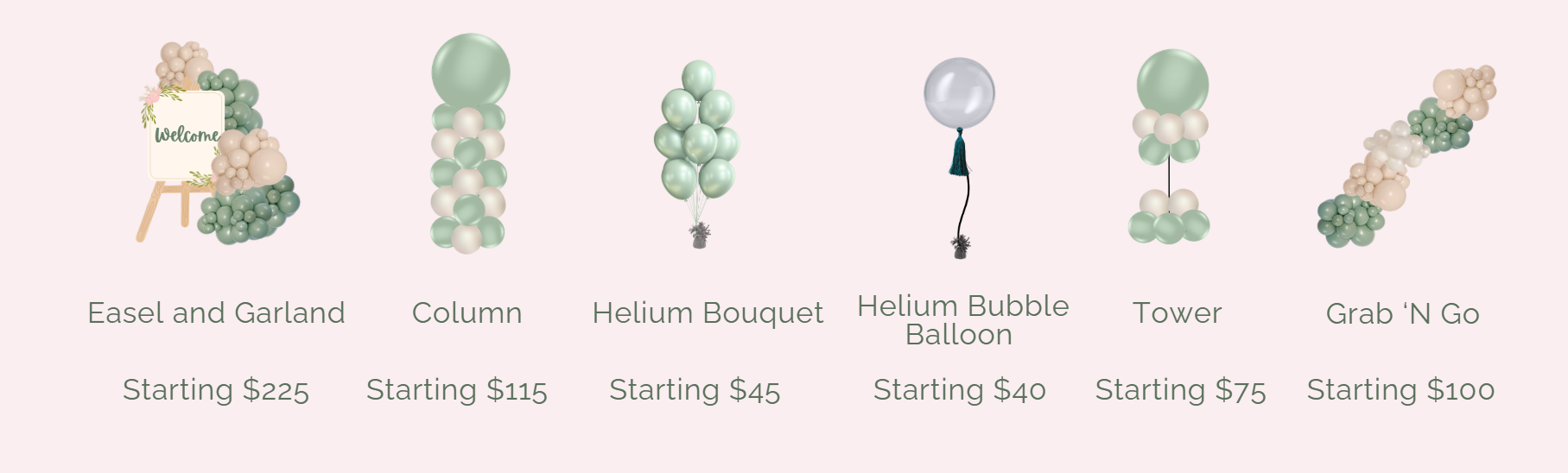 Velvet Curl Events balloon menu showing pricing and options for garlands, backdrops, hoops, balloon walls, helium bouquets, number stacks, and character displays.