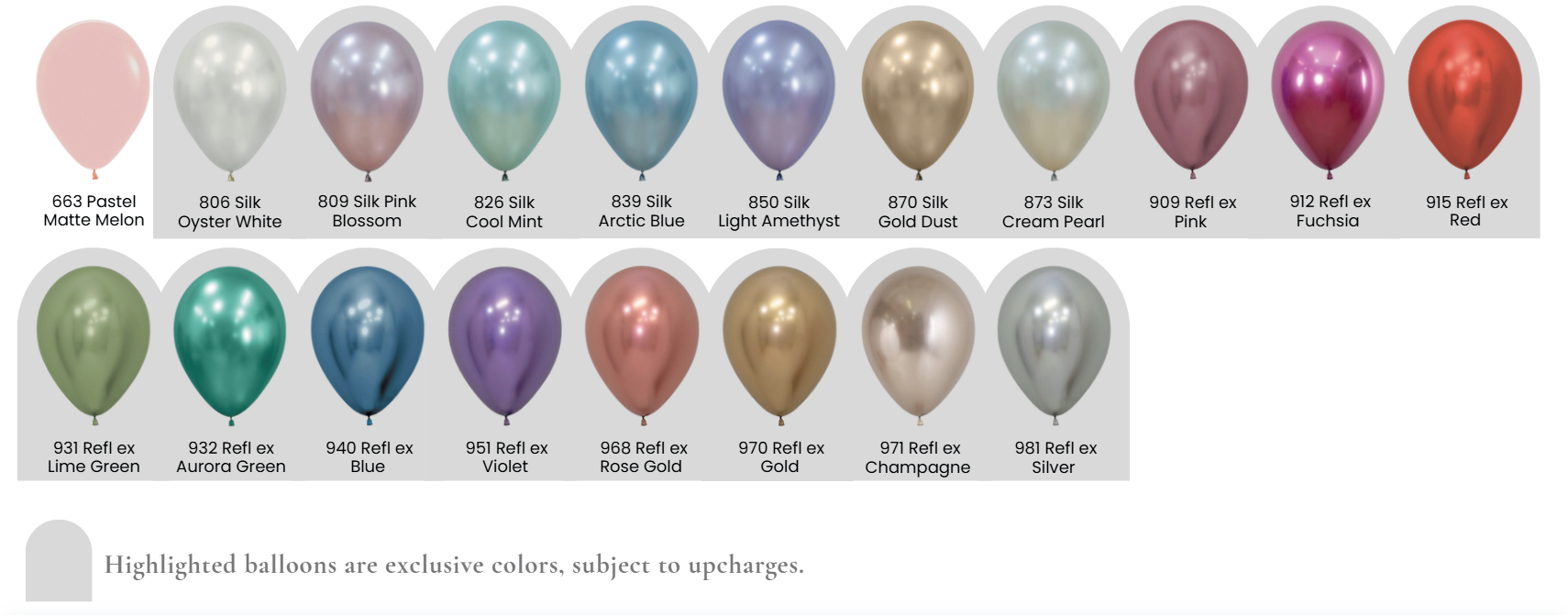 Balloon color palette B featuring fashion tones, neons, metallics, and pearl finishes available for event décor.