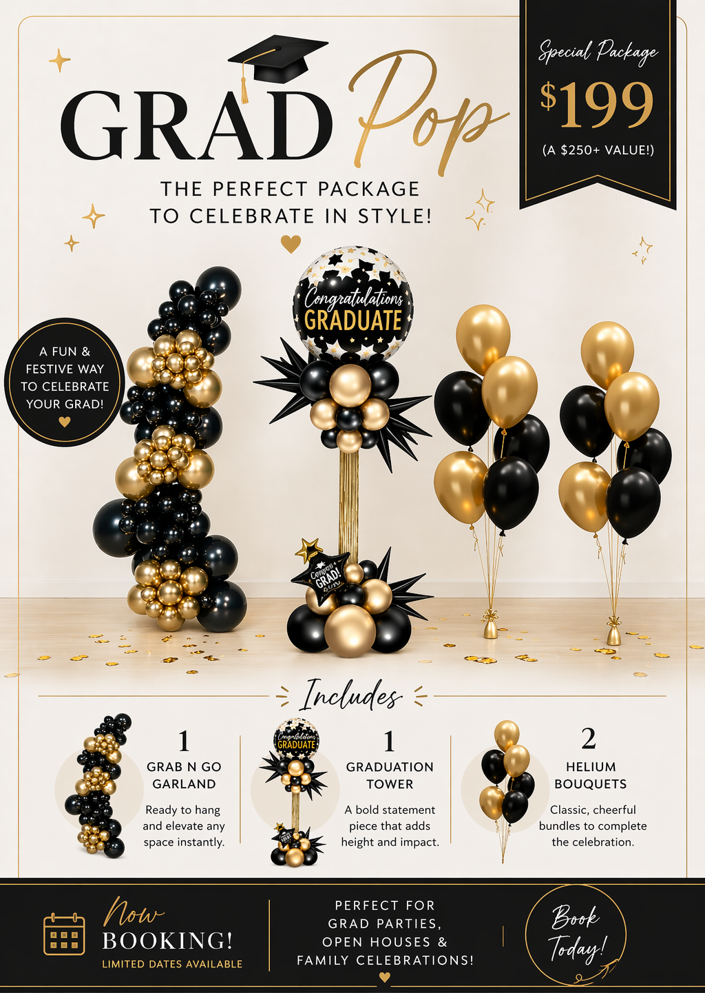 Variety of graduation balloon sets  for a package including a garland, tower, and helium bouquets