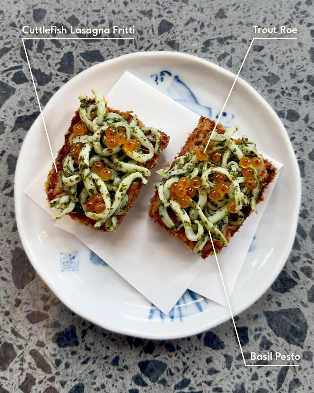 Cuttlefish lasagna fritti with trout roe and basil pesto. Crisp, rich and layered with flavour, this is Clarence doing things a little differently, in all the right ways. 🤩