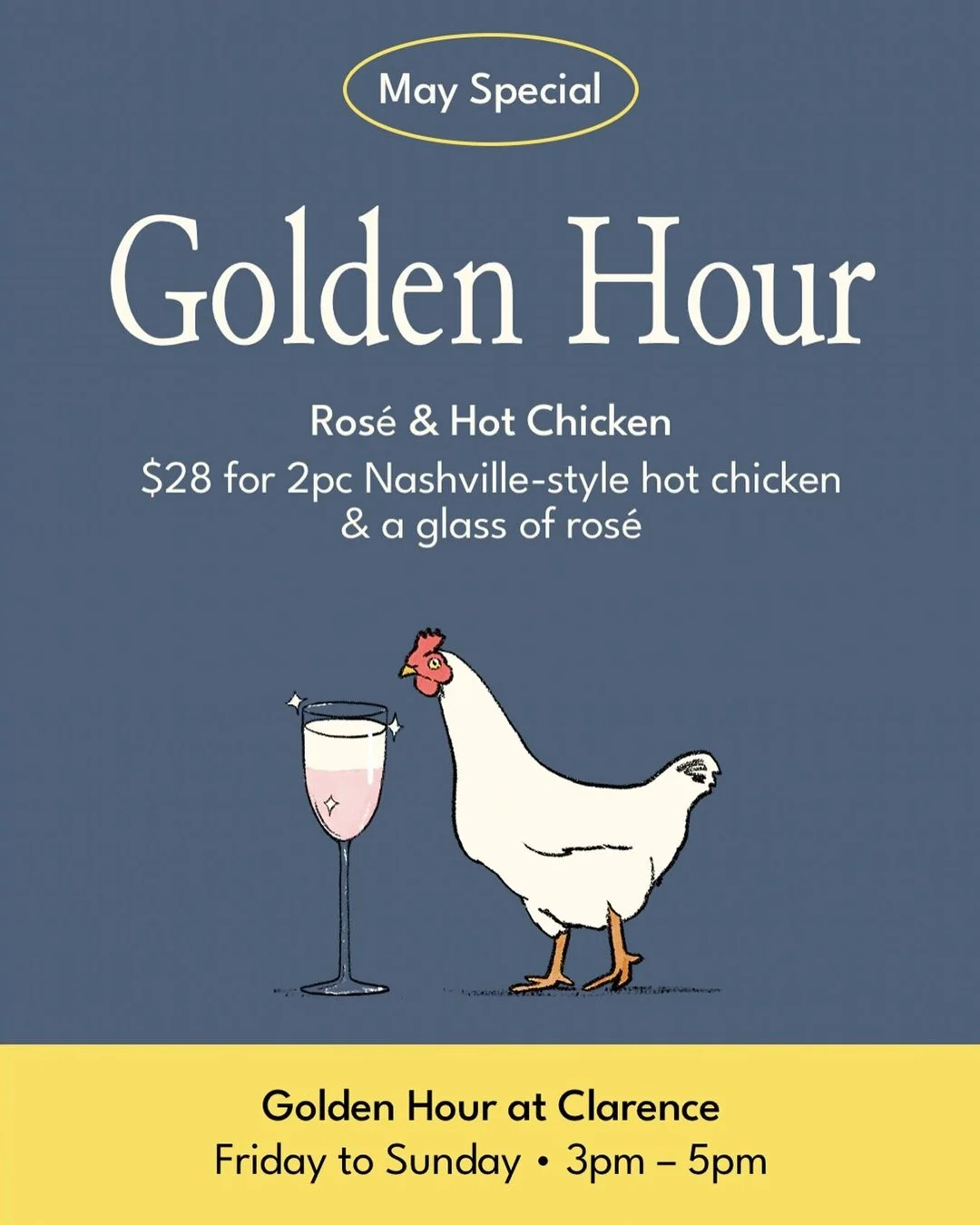 Hot chicken. Cold ros&eacute;.
Friday afternoon plans = sorted 🍷☀️

Golden Hour at @clarence.restaurant, Friday to Sunday from 3&ndash;5pm.

Book online: 
@clarence.restaurant

* Offer is only available in May 2026