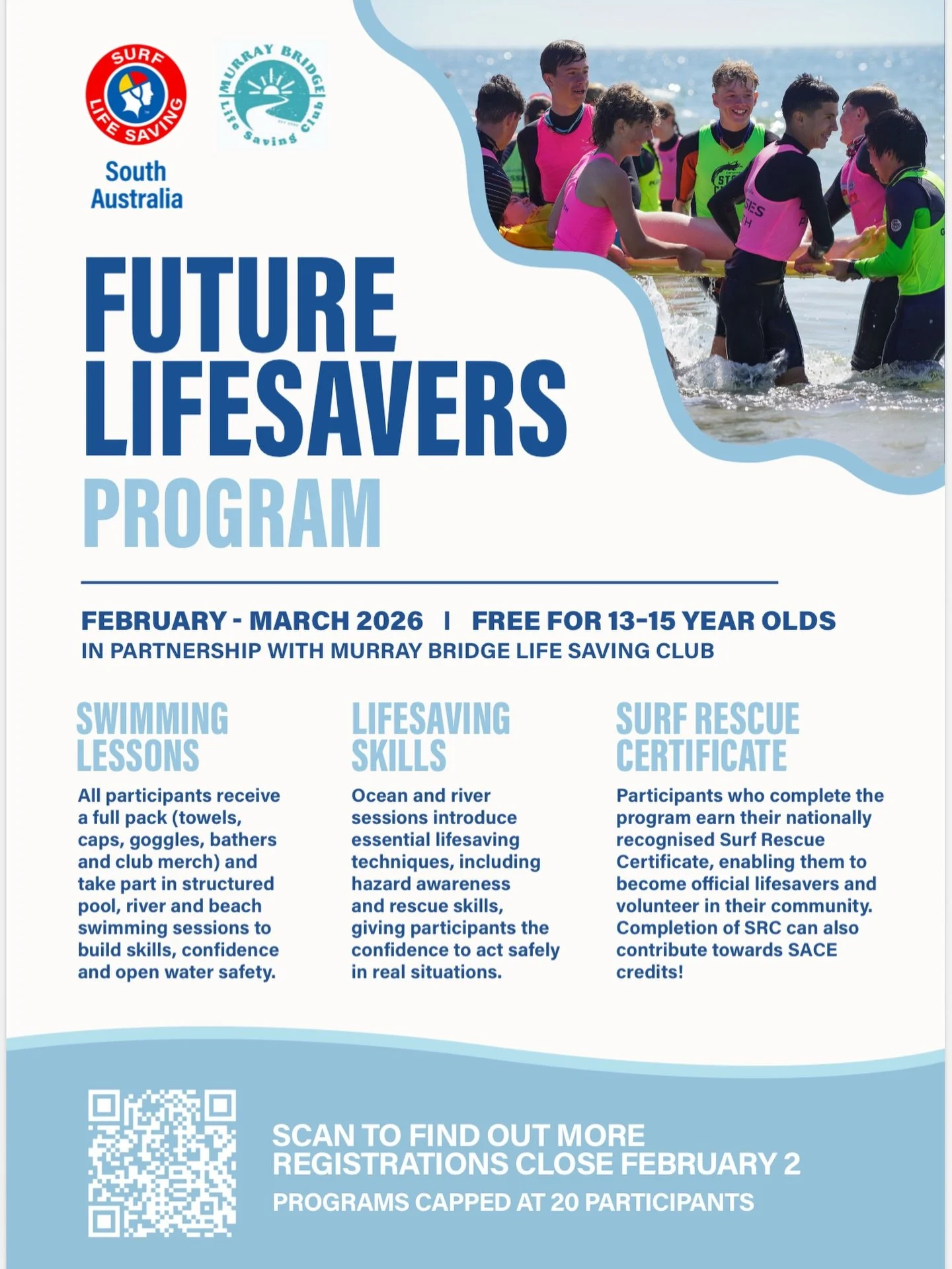 🌊 Future Lifesavers Program 🌊

We&rsquo;re excited to partner with Surf Life Saving SA to offer this free program for 13&ndash;15 year olds, building skills, confidence and real-world water safety.

📅 Feb&ndash;March 2026
🎓 Surf Rescue Certificat