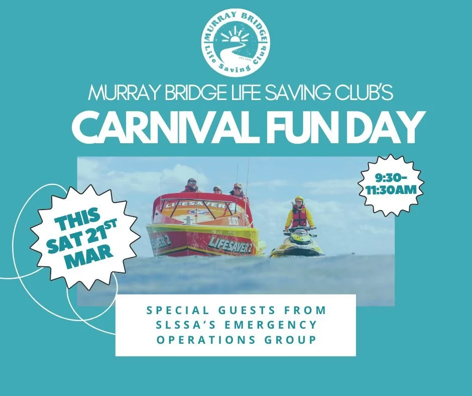 🌊 MBLSC Community Carnival Funday &ndash; This Saturday! 🌊

We&rsquo;re looking forward to welcoming our members and families to our Murray Bridge Life Saving Club Community Carnival Funday this Saturday 21 March from 9:30&ndash;11:30am at Sturt Re
