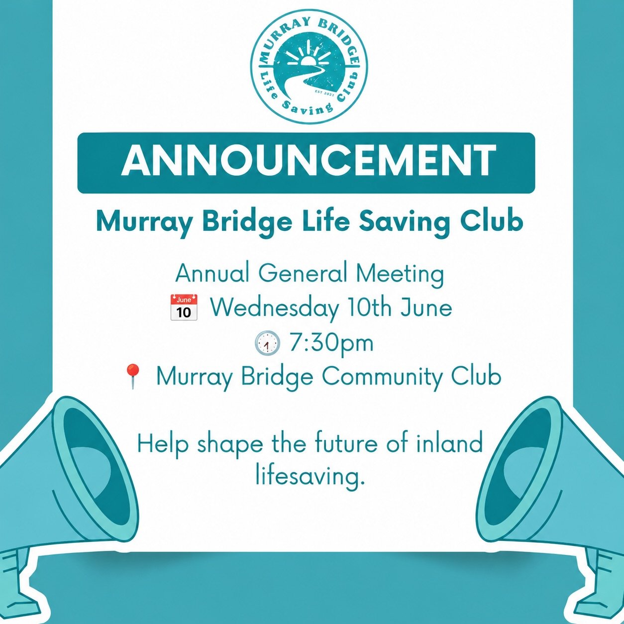 As we wrap up an incredible foundation season, we&rsquo;d love to invite our members, families, volunteers and supporters to attend the Murray Bridge Life Saving Club AGM.

📅 Wednesday 7 June
🕢 7:30pm
📍 Murray Bridge Community Club

This season ha
