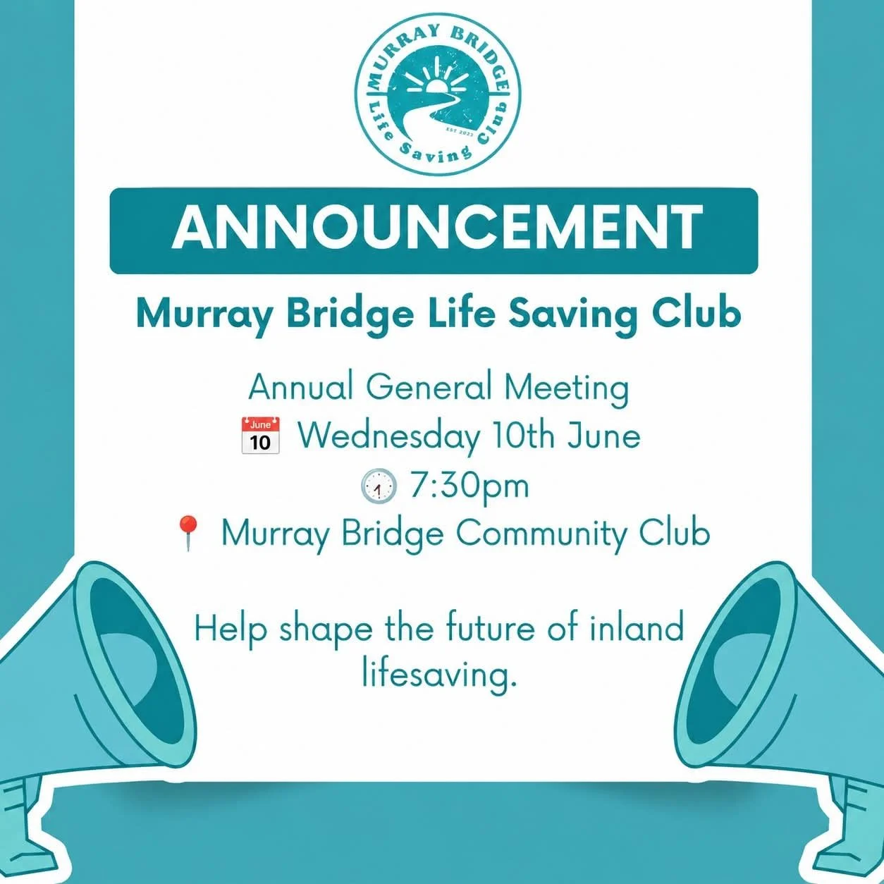 📢 REMINDER: MBLSC Annual General Meeting

Our AGM is this Wednesday, 10 June at 7:30pm!

This is your opportunity to have a say in the future direction of the Murray Bridge Life Saving Club and to nominate for a position on the board or committee. E