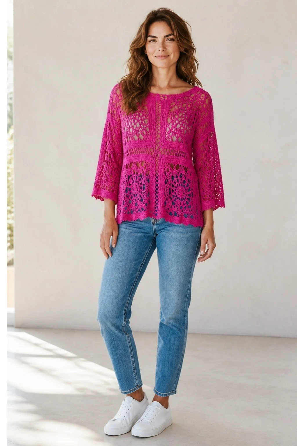 Hand crocheted Hot Pink Clas Top in Cotton/Linen blend.