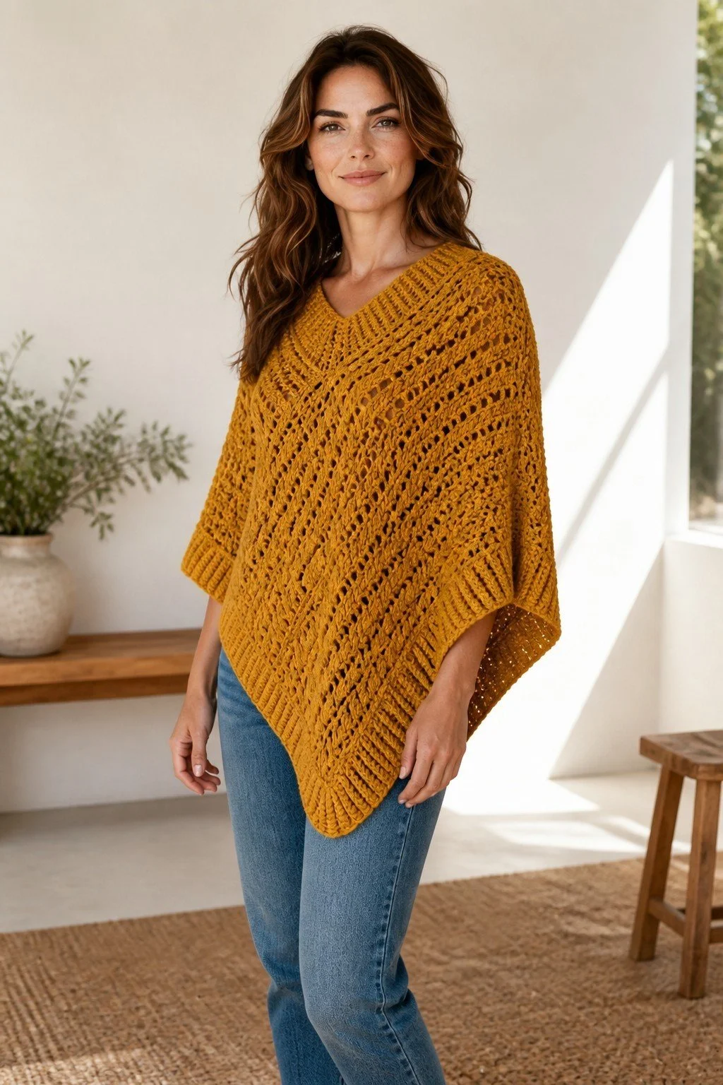 Hand crocheted Mustard Celtic Cable Poncho in 100% Merino Wool