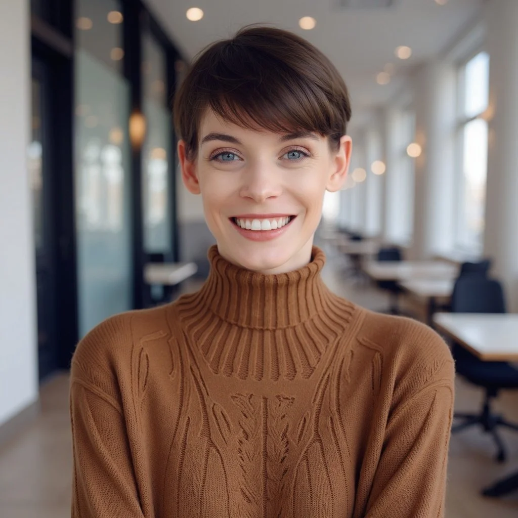 A smiling woman with short brown hair and blue eyes wearing a brown turtleneck sweater in a bright, modern office space.