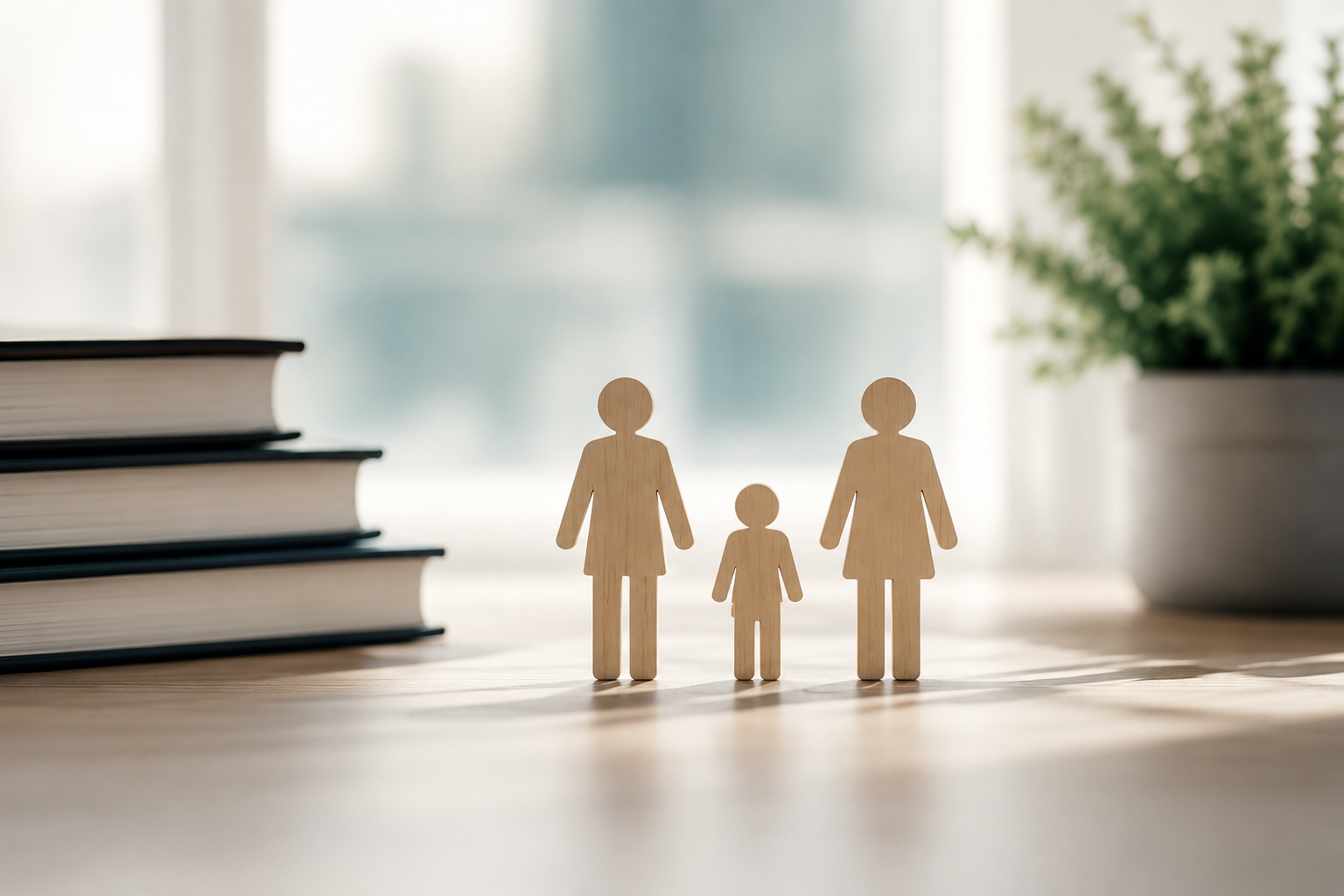 Wooden figures of two adults and a child standing on a table, with a stack of books on the left and a potted plant on the right, in front of a window.
