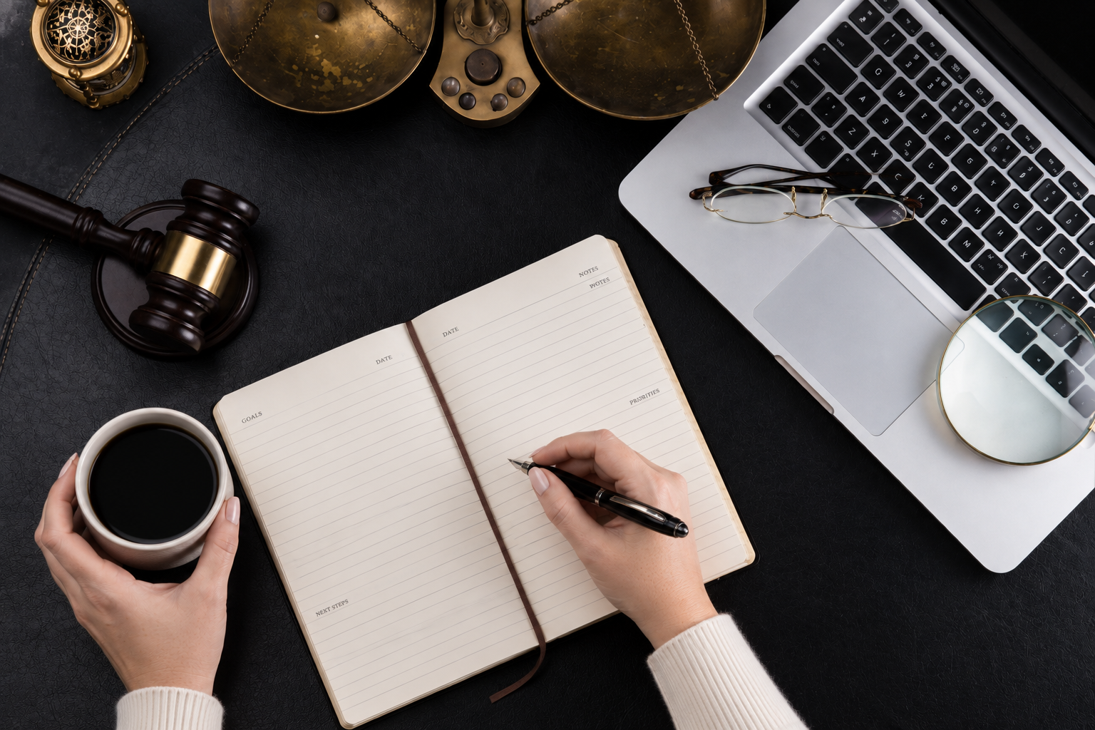 A person holding a cup of coffee in one hand and writing in a notebook with the other. The workspace includes a laptop, eyeglasses, a magnifying glass, a gavel, a small clock, and decorative items on a black desk.