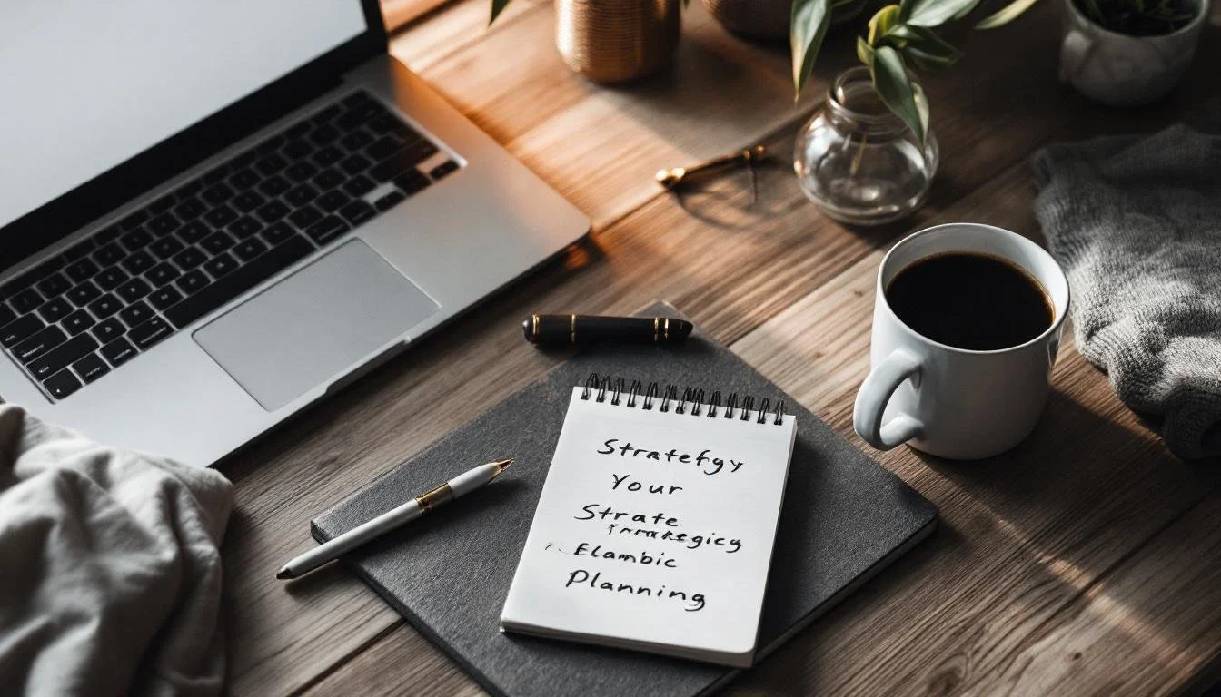 A wooden desk with a laptop, a notebook with handwritten notes about strategy and planning, a pen, a cup of coffee, glasses, plants, and a gray sweater.