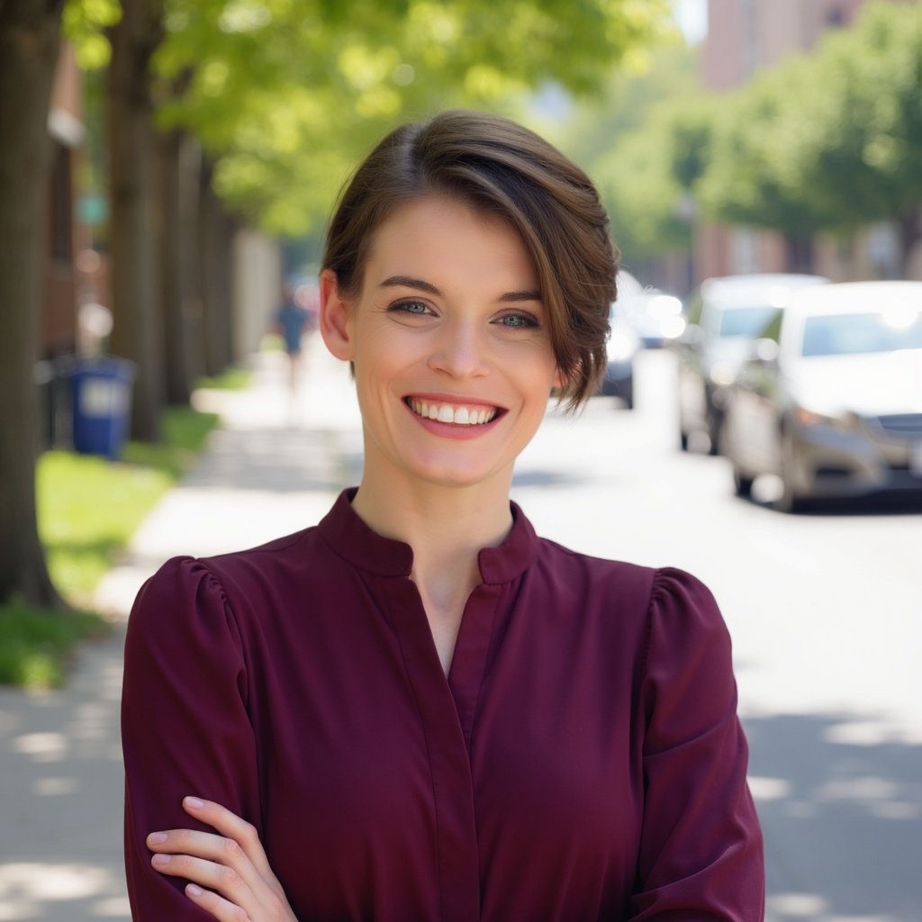 Smiling woman with short brown hair wearing a maroon top standing on a sidewalk with parked cars and trees in the background.