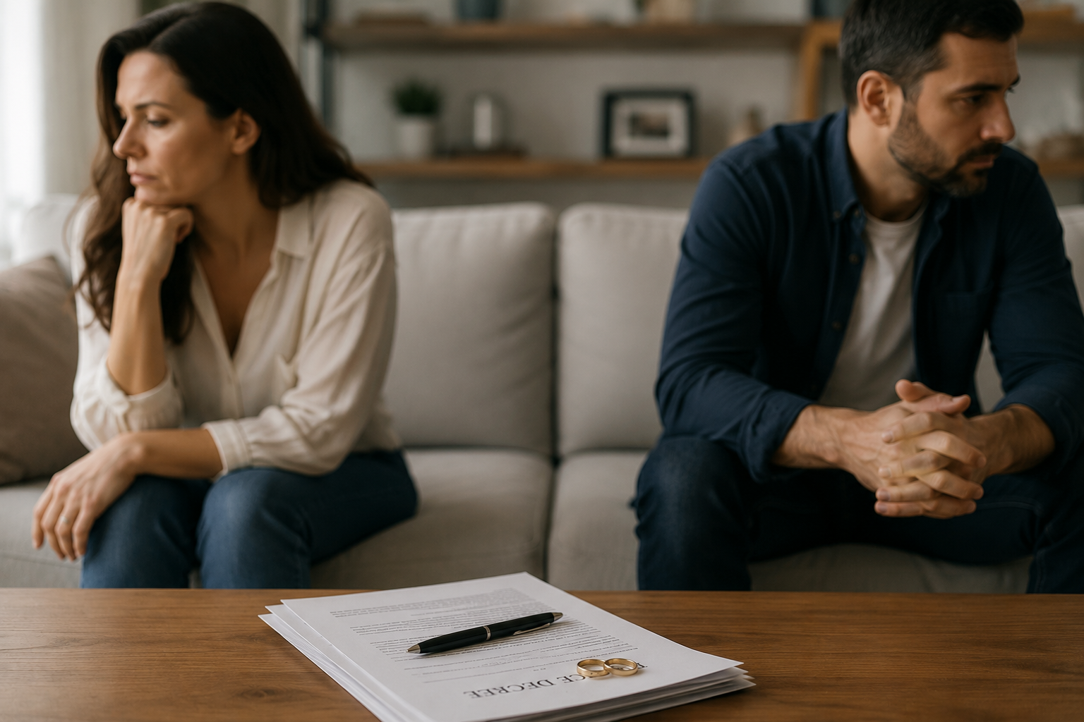 A woman and a man sitting on a sofa with a breakup notice and wedding rings on a table in front of them, appearing upset.