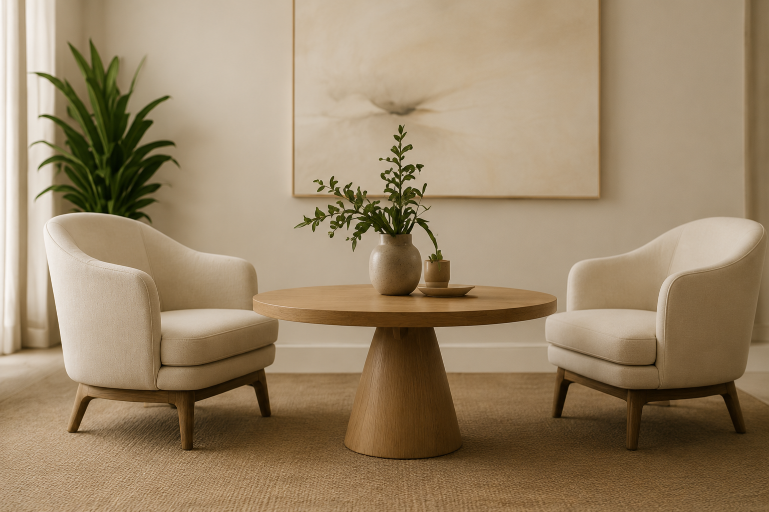 A minimalist living room with two beige armchairs facing each other around a round wooden table. The table has a large beige vase with green foliage and a small beige pot with a plant. In the background, a large plant and neutral abstract wall art are visible.