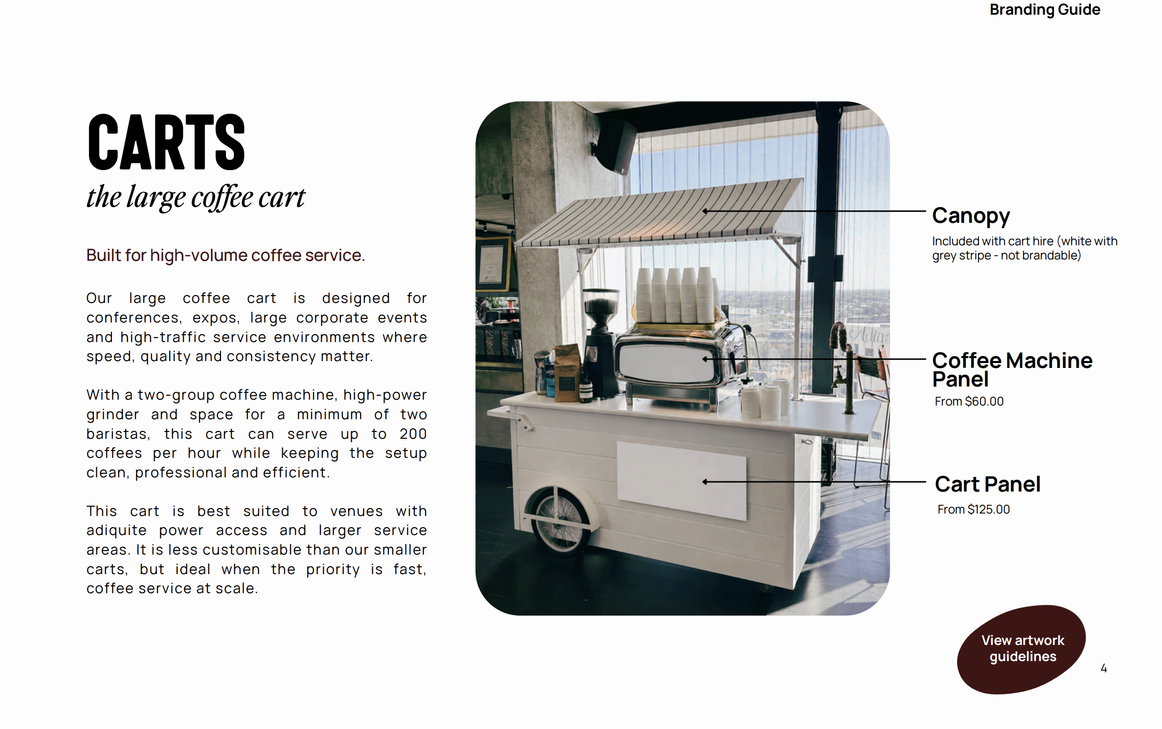 Photograph of a mobile coffee cart with a large white canopy with grey stripes, black cart wheels, and a countertop with coffee cups, a coffee grinder, and a two-group coffee machine. The cart is positioned near a window with a city view in the background, and labeled annotations indicate the canopy, coffee machine panel, and cart panel. The surrounding areas feature a plant, a framed certificate, and a portion of the interior of a cafe.