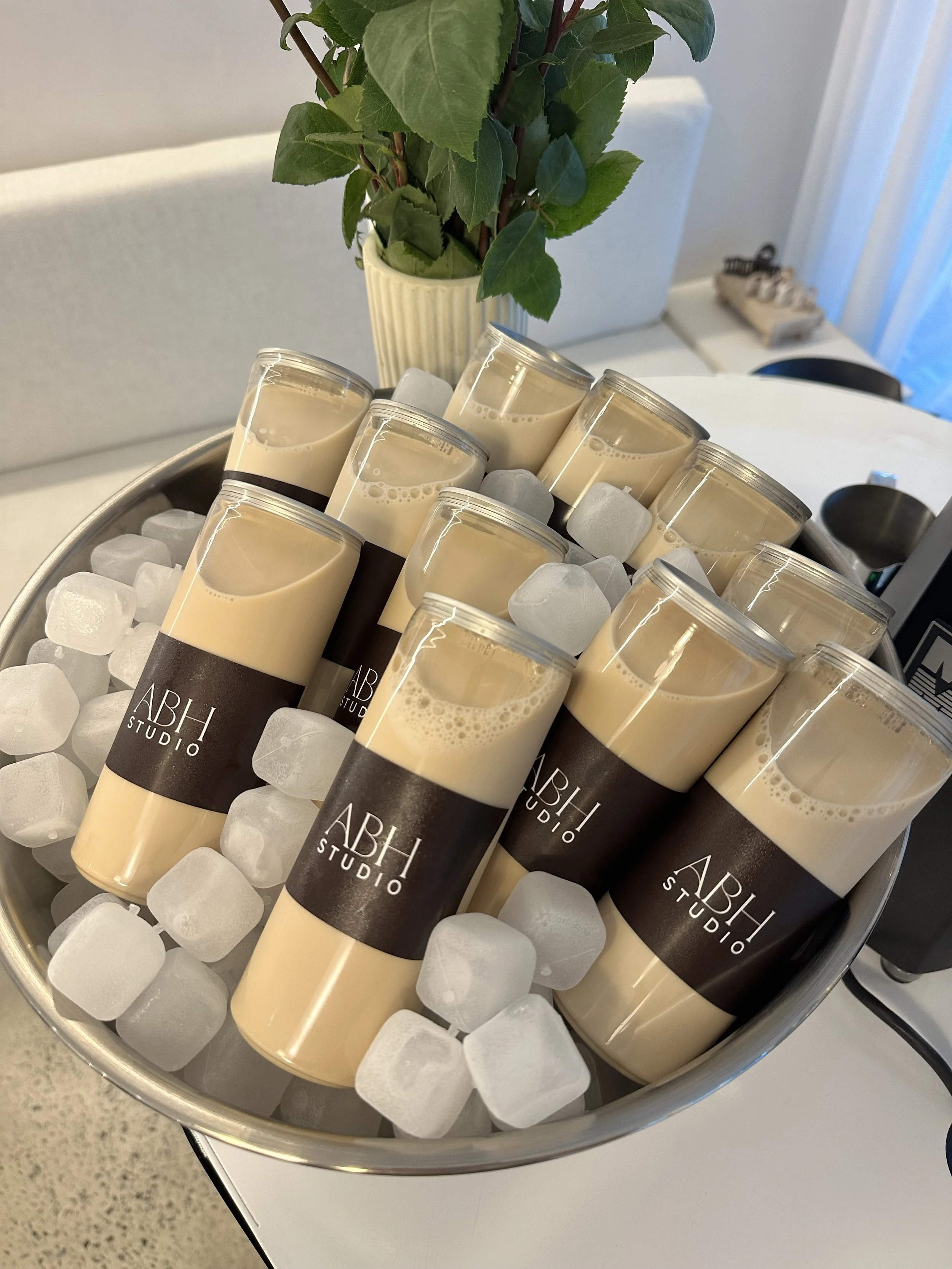 A silver bowl filled with ice cubes and several cans of ABH Studio beverage, placed on a white surface, with a green leafy plant in a beige vase in the background.