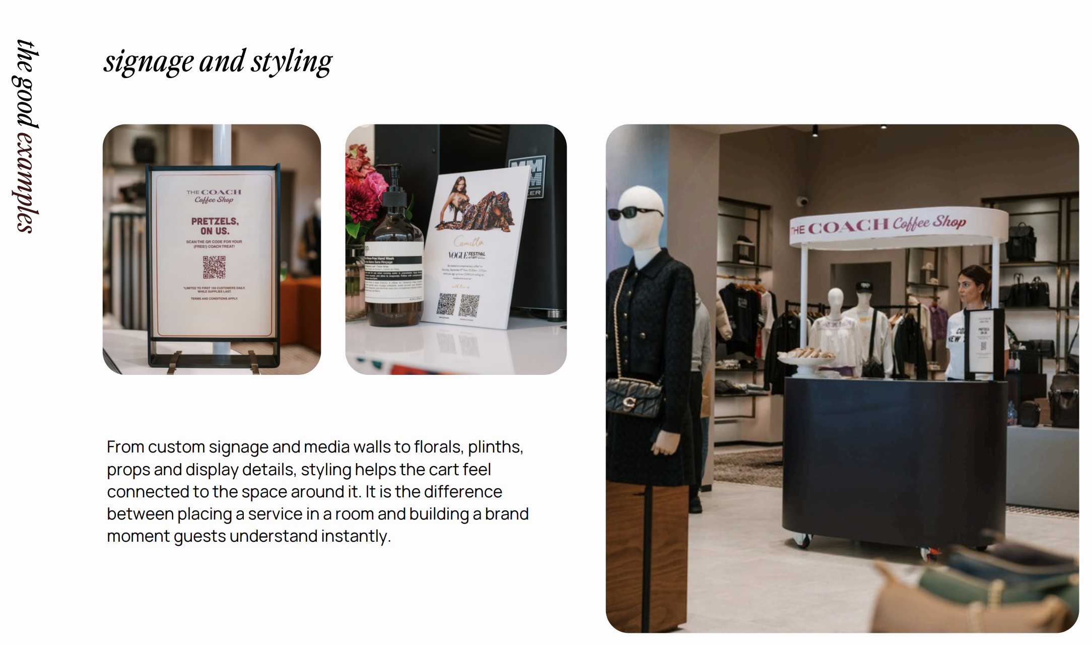 Interior of a Coach store showcasing signage, props, and clothing displays.