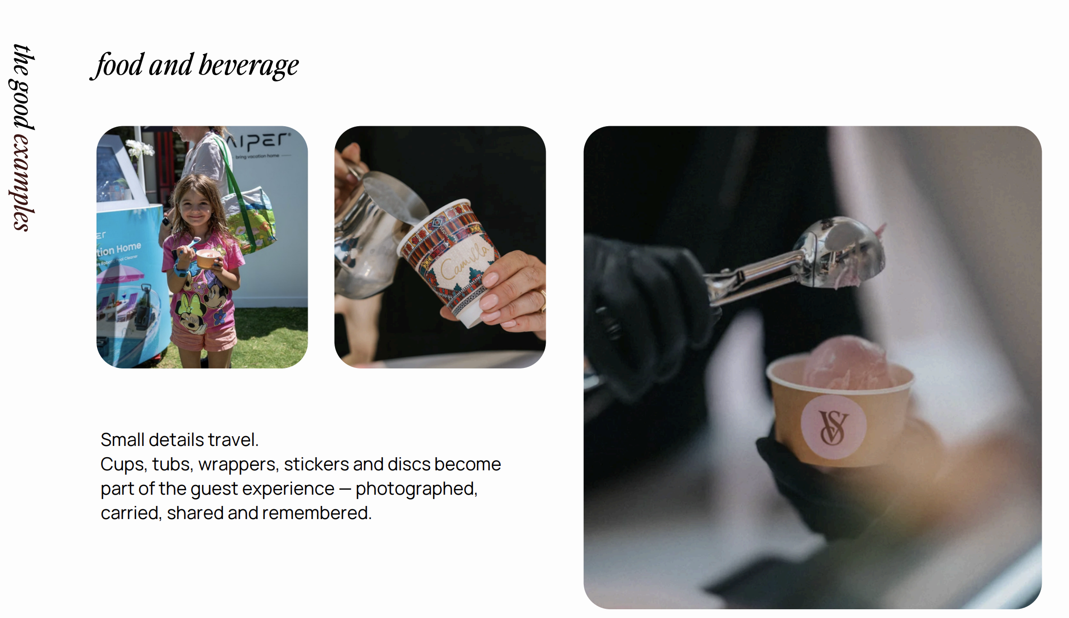 A collage showing a young girl smiling and holding a cup of ice cream, a hand pouring a beverage into a cup labeled "Camille," and a person serving ice cream from a machine into a cup with a logo. The overall theme relates to food and beverage appears to be from a casual outdoor or event setting.