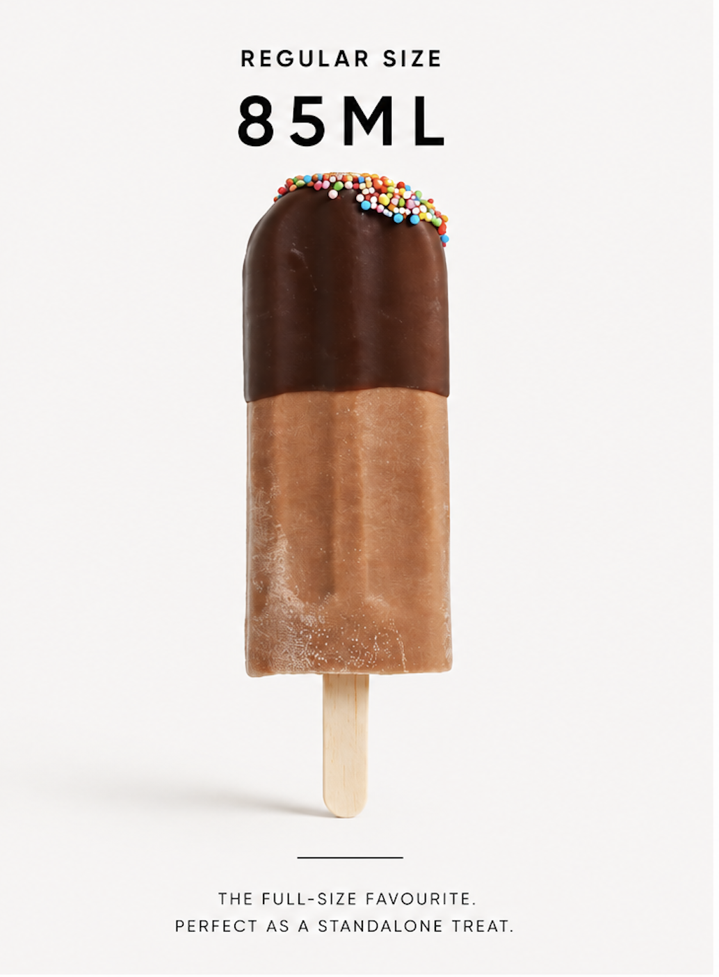Ice pop for service on a Good Perth event cart for an activation. A chocolate and caramel ice cream bar with sprinkles on top, labeled as 85ML, on a white background.