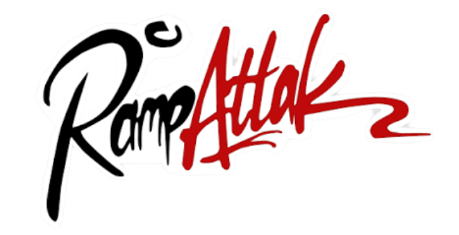 Stylized text logo with 'Ramp Attack' in black and red lettering on a white background.